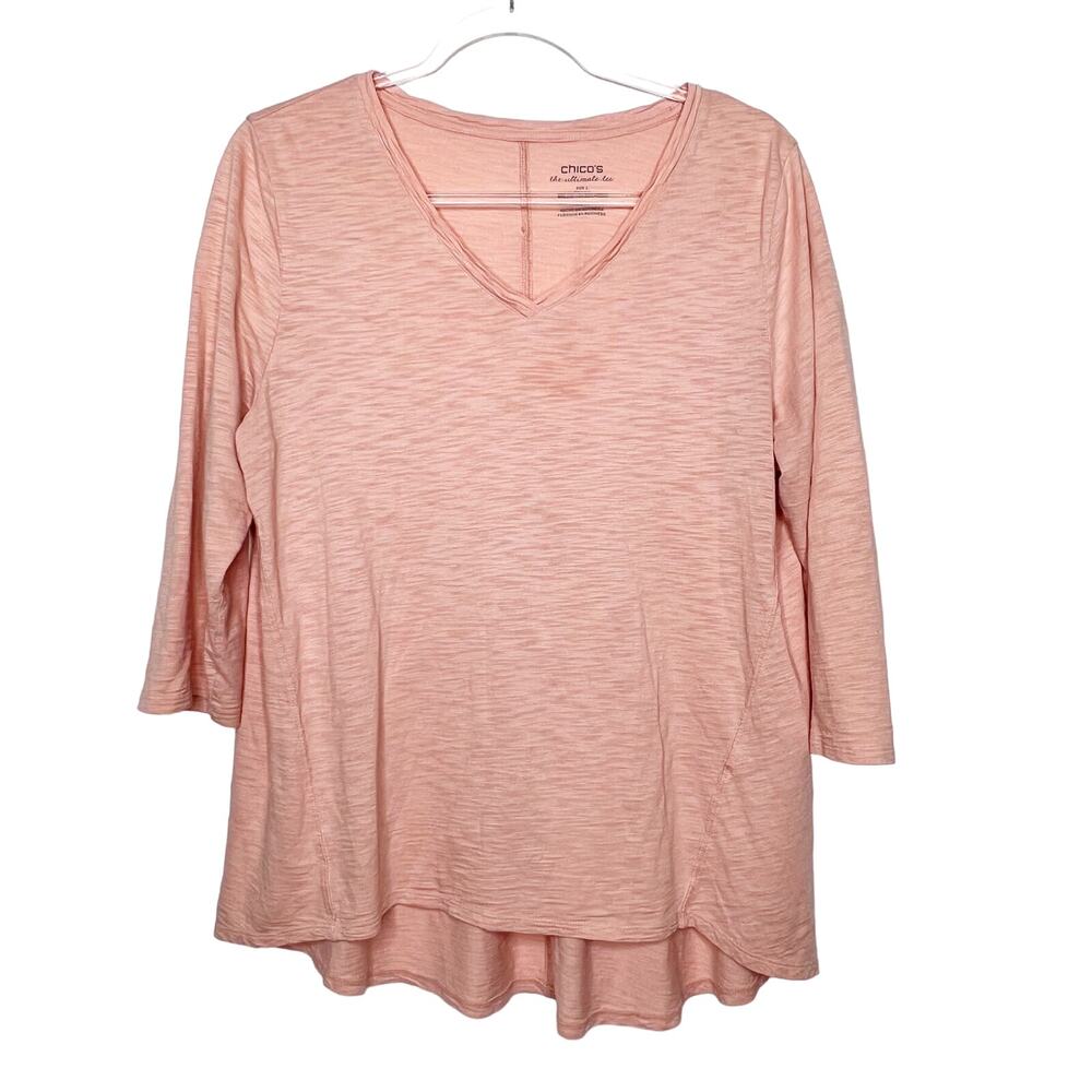 CHICO'S The Ultimate Tee V-Neck 3/4 Sleeve Hi Low Relaxed Fit Cotton Pink Size L